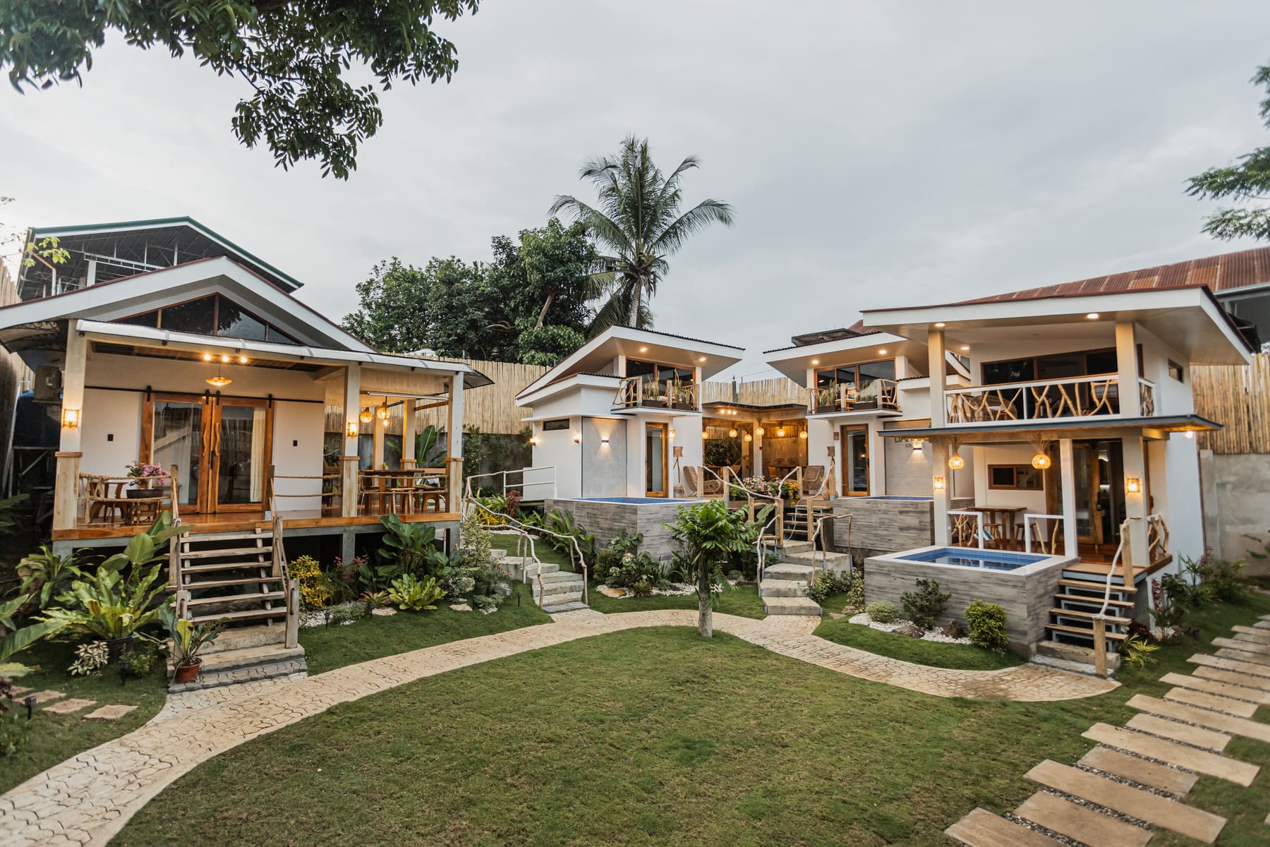 The four villas around the garden lawn